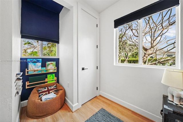 playroom featuring baseboards, wood finished floors, and plenty of natural light