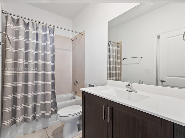 full bath featuring tile patterned flooring, toilet, vanity, and shower / bath combination with curtain