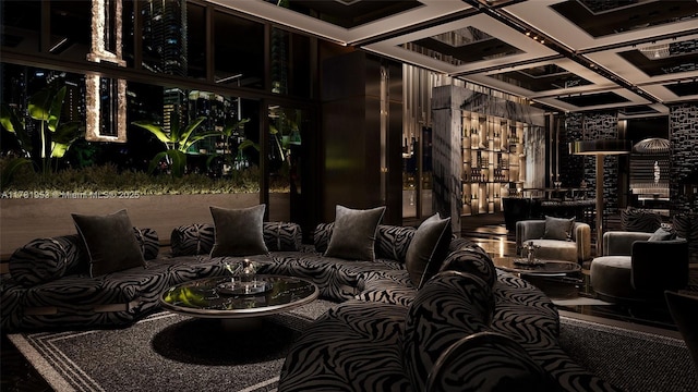 interior space with coffered ceiling