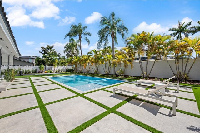view of swimming pool featuring a fenced backyard and a patio area