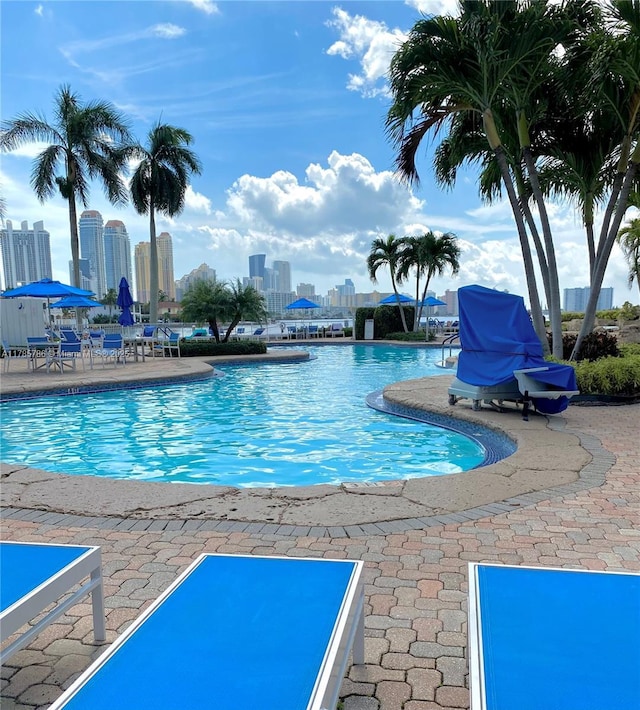 19101 NE 36th Ct Unit 807, Aventura, FL 33180 - pool featuring a city view and a patio area