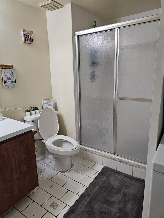 full bath with a shower stall, toilet, tile patterned flooring, and visible vents