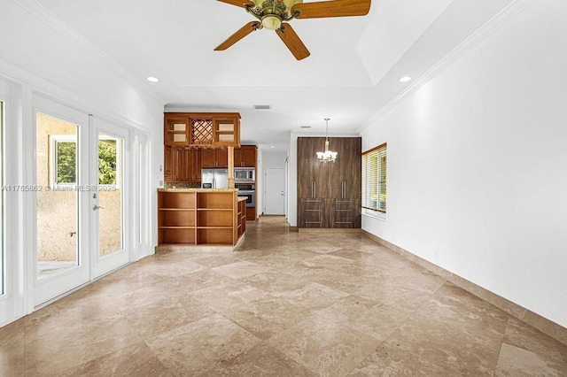 11201 SW 1st St, Plantation, FL 33325 - unfurnished living room featuring recessed lighting, ornamental molding, visible vents, and ceiling fan with notable chandelier