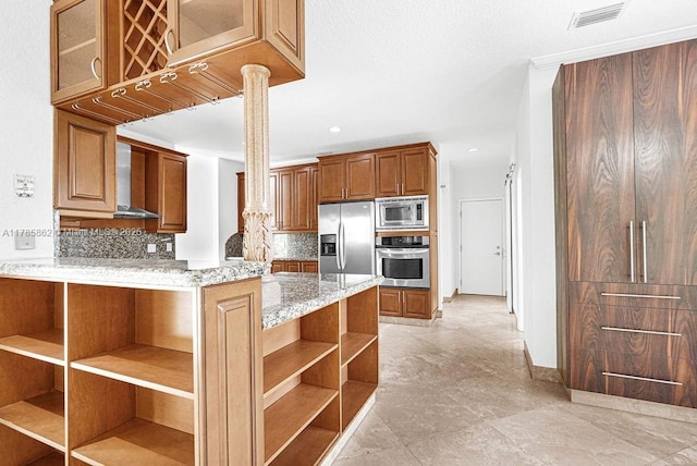 11201 SW 1st St, Plantation, FL 33325 - kitchen featuring open shelves, visible vents, decorative backsplash, and stainless steel appliances