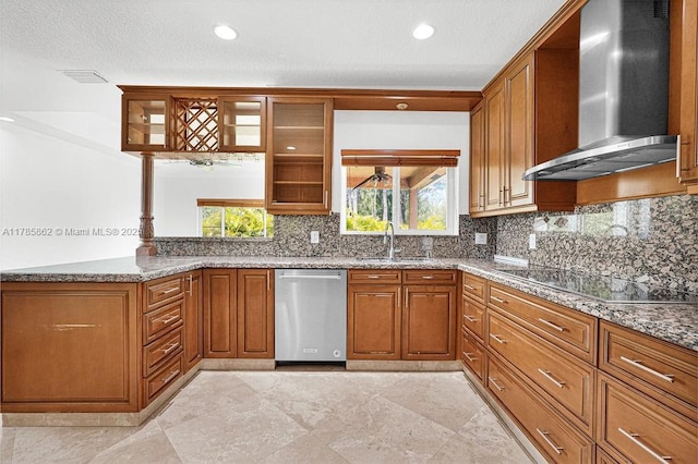 11201 SW 1st St, Plantation, FL 33325 - kitchen with wall chimney range hood, a sink, brown cabinets, dishwasher, and black electric cooktop