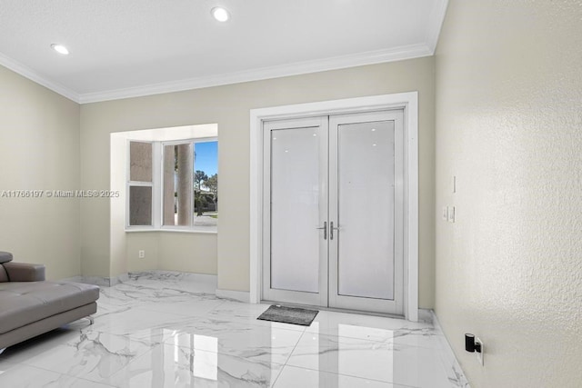 interior space with baseboards, recessed lighting, and ornamental molding