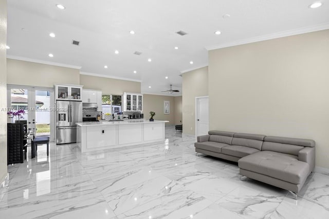 living room featuring recessed lighting, visible vents, ceiling fan, and french doors