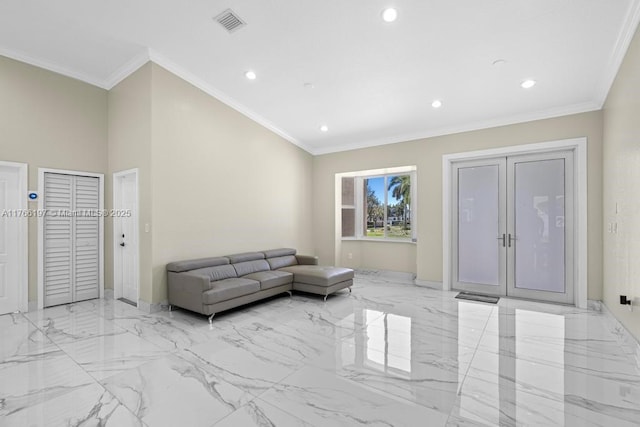 living room with french doors, baseboards, visible vents, recessed lighting, and marble finish floor