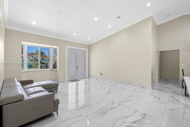living area with recessed lighting, marble finish floor, and ornamental molding