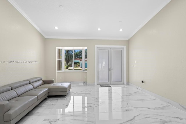 living room featuring marble finish floor, recessed lighting, and crown molding