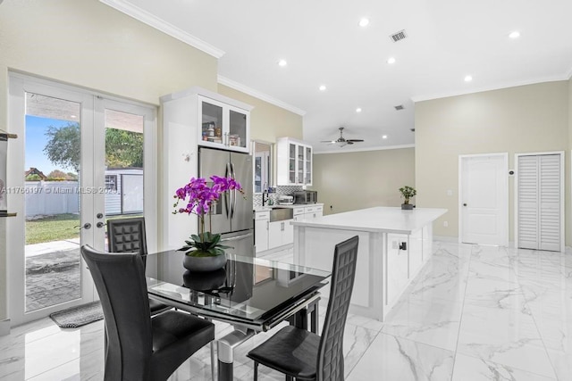 dining space with marble finish floor, ornamental molding, visible vents, and recessed lighting