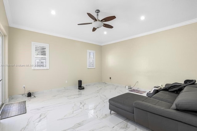 living room with ceiling fan, ornamental molding, and a healthy amount of sunlight