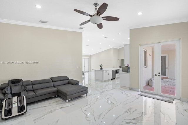 living area with marble finish floor, crown molding, ceiling fan, and french doors