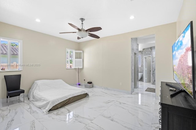 bedroom featuring a ceiling fan, ensuite bathroom, marble finish floor, baseboards, and recessed lighting