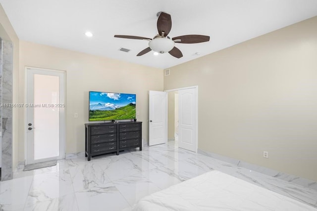 bedroom featuring a ceiling fan, marble finish floor, and recessed lighting