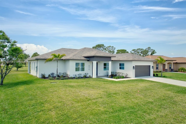 ranch-style house with concrete driveway, an attached garage, a front lawn, and stucco siding