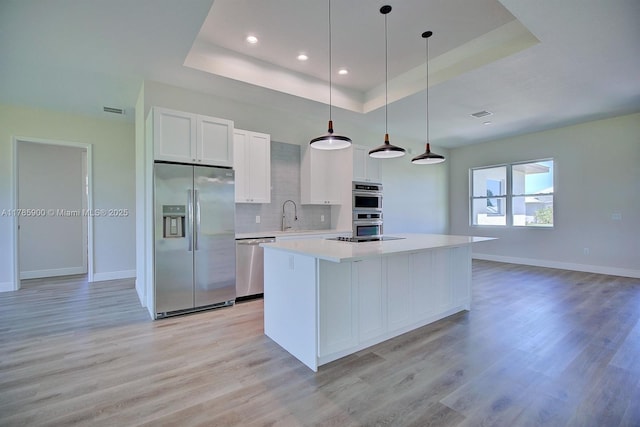 kitchen featuring appliances with stainless steel finishes, a sink, light wood-style floors, and a raised ceiling