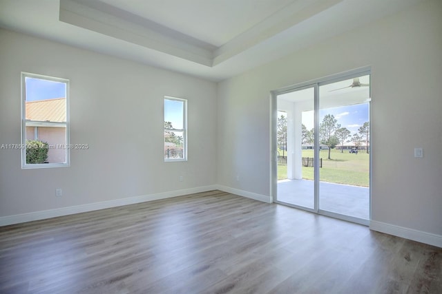 unfurnished room with baseboards, a ceiling fan, wood finished floors, and a raised ceiling
