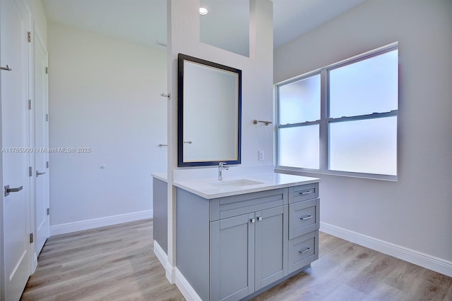 bathroom featuring baseboards, wood finished floors, and vanity