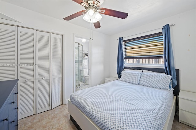 bedroom with ensuite bathroom, a closet, ceiling fan, and light tile patterned floors