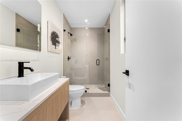 2501 SW 27th St Unit 4, Miami, FL 33133 - full bath featuring tile patterned floors, a stall shower, vanity, toilet, and recessed lighting
