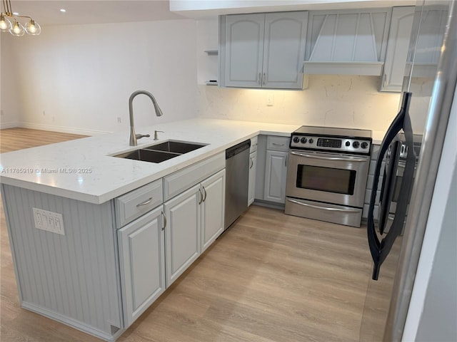 16528 Bridge End Rd, Miami Lakes, FL 33014 - kitchen featuring stainless steel appliances, gray cabinets, a sink, premium range hood, and a peninsula