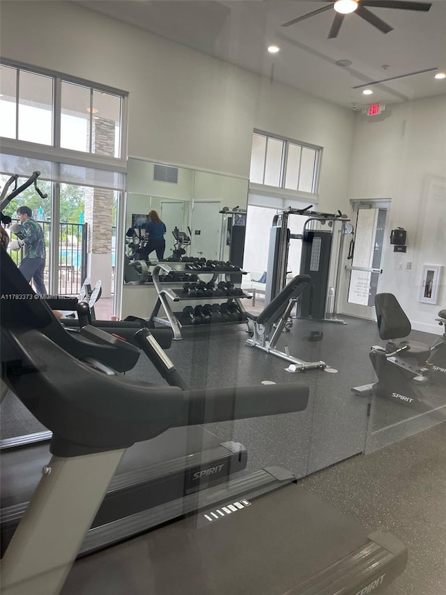 gym featuring a ceiling fan, visible vents, and recessed lighting