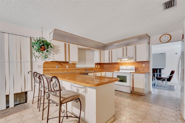 kitchen featuring a peninsula, a textured ceiling, a sink, electric range, and wooden counters