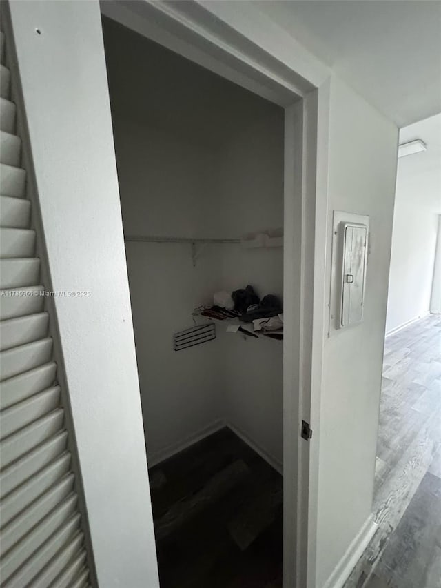 22 Suffolk A 22, Boca Raton, FL 33434 - staircase with wood finished floors and electric panel