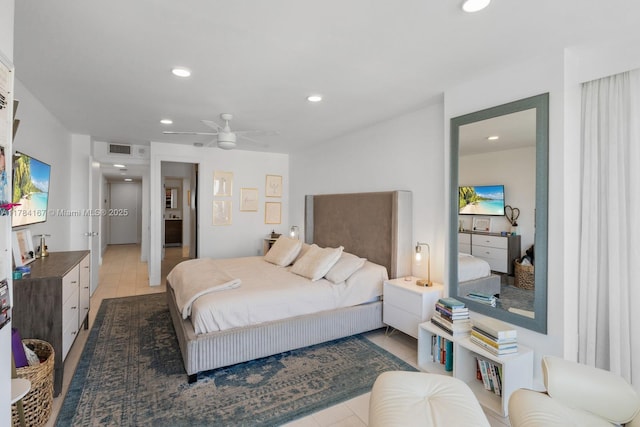 bedroom featuring recessed lighting, a ceiling fan, and visible vents