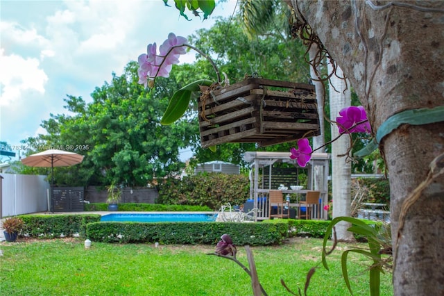 view of yard with fence and a fenced in pool