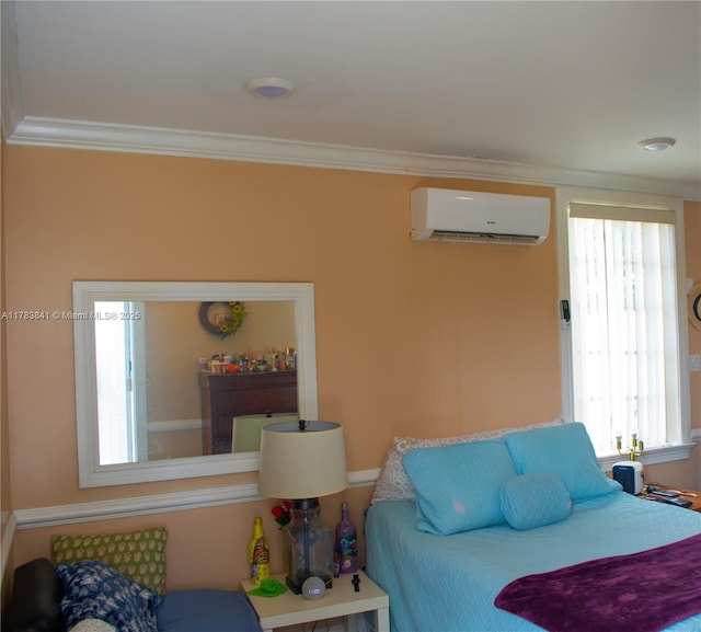 bedroom featuring crown molding and a wall unit AC