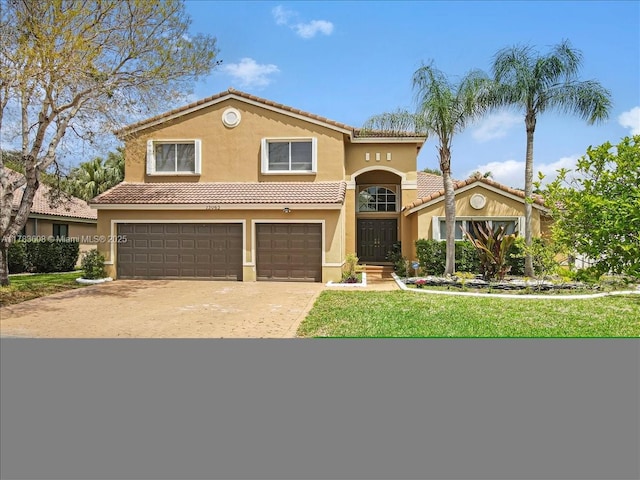 13063 NW 11th Ct, Sunrise, FL 33323 - mediterranean / spanish-style house featuring an attached garage, a tile roof, stucco siding, driveway, and a front yard