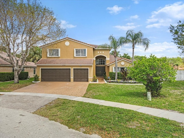 13063 NW 11th Ct, Sunrise, FL 33323 - mediterranean / spanish-style house featuring a garage, a tiled roof, stucco siding, concrete driveway, and a front yard