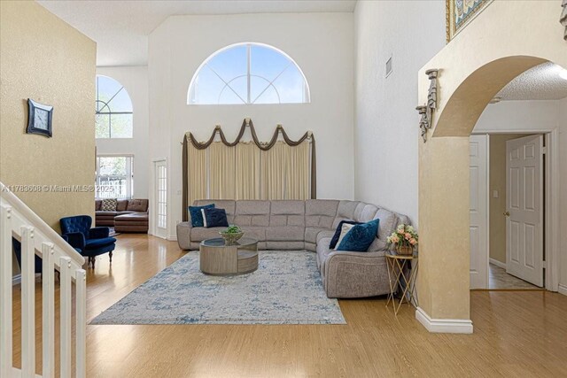 13063 NW 11th Ct, Sunrise, FL 33323 - living area featuring arched walkways, wood finished floors, a towering ceiling, and baseboards