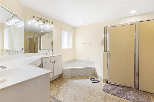 13063 NW 11th Ct, Sunrise, FL 33323 - full bathroom with a stall shower, vanity, a bath, recessed lighting, and tile patterned floors