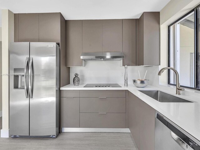 kitchen with stainless steel appliances, gray cabinets, a sink, and modern cabinets