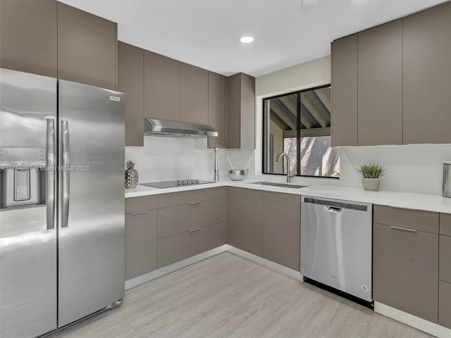 kitchen featuring a sink, light wood-style floors, stainless steel appliances, under cabinet range hood, and modern cabinets