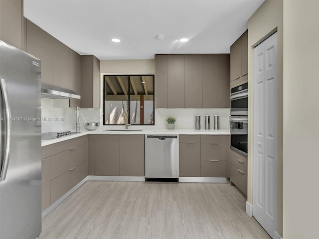 kitchen featuring a sink, gray cabinetry, stainless steel appliances, and light wood-type flooring