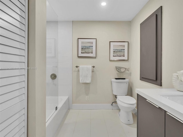 bathroom featuring tile patterned flooring, vanity, baseboards, toilet, and recessed lighting