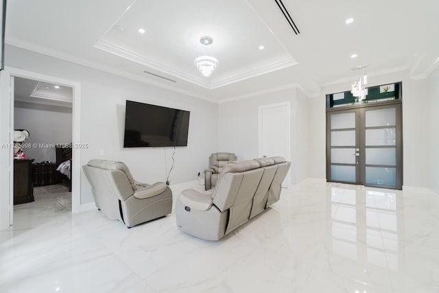 398 35th Ave NW, Naples, FL 34120 - living room featuring marble finish floor, ornamental molding, and french doors