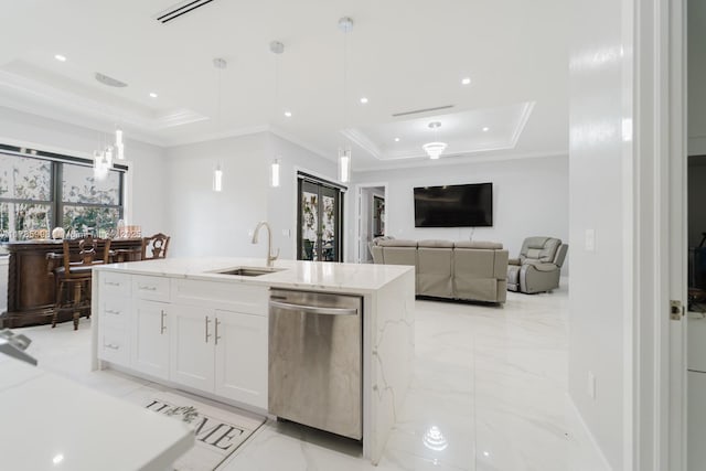 398 35th Ave NW, Naples, FL 34120 - kitchen with a raised ceiling, stainless steel dishwasher, a sink, light stone countertops, and white cabinetry