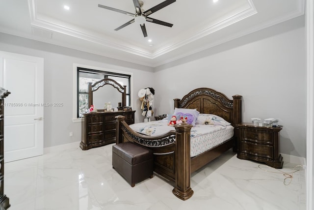 398 35th Ave NW, Naples, FL 34120 - bedroom featuring crown molding, marble finish floor, ceiling fan, a tray ceiling, and recessed lighting