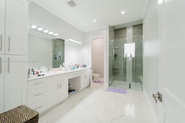 398 35th Ave NW, Naples, FL 34120 - full bath featuring visible vents, toilet, vanity, crown molding, and a stall shower