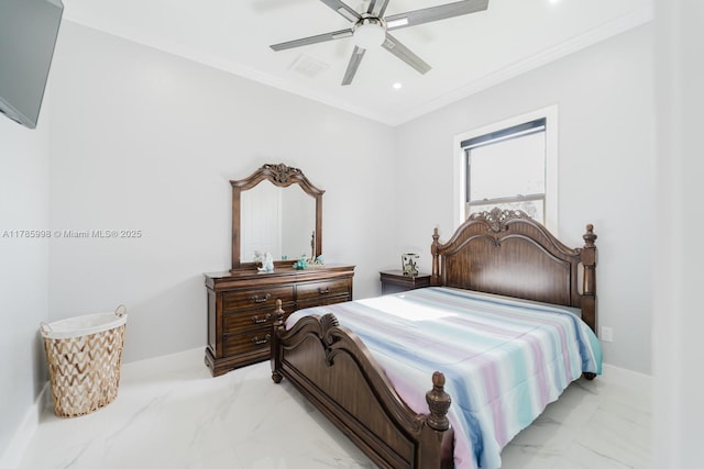 398 35th Ave NW, Naples, FL 34120 - bedroom with ceiling fan, marble finish floor, ornamental molding, visible vents, and recessed lighting