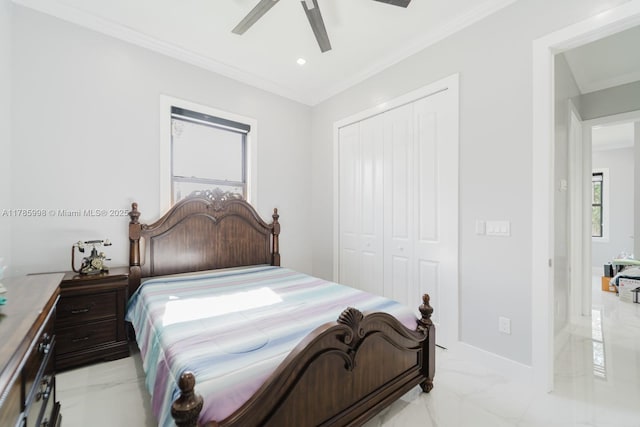 398 35th Ave NW, Naples, FL 34120 - bedroom featuring recessed lighting, marble finish floor, ornamental molding, a closet, and ceiling fan