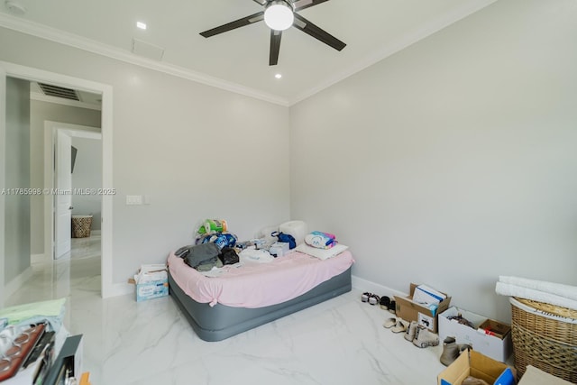 398 35th Ave NW, Naples, FL 34120 - bedroom with marble finish floor, visible vents, a ceiling fan, ornamental molding, and baseboards