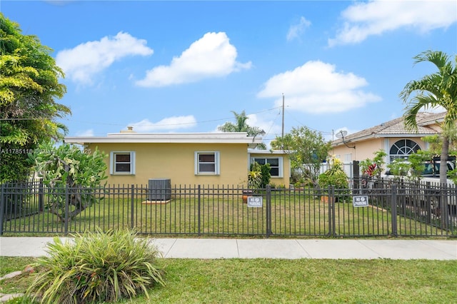 view of front of property with a fenced front yard, a front lawn, central AC unit, and stucco siding