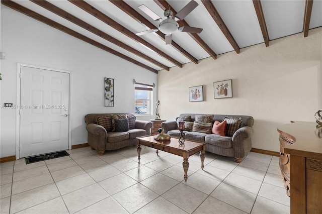 living room featuring baseboards, a ceiling fan, vaulted ceiling with beams, and light tile patterned floors
