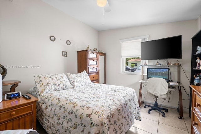 bedroom featuring ceiling fan and light tile patterned floors